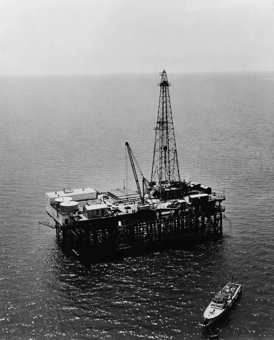 Framed Print : Humble Oil & Refining Company offshore drilling platform in the Gulf of Mexico, located on the tidal oil lands bordering Louisiana and Texas. 1950