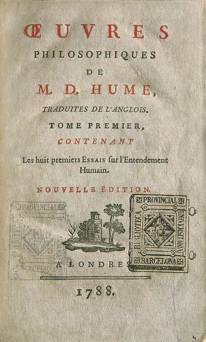 Framed Print : HUME, David (1711-1776). Title page of a French edition of his works, first volume, that contains the first eight essays on human understanding. Edition printed in London in 1788