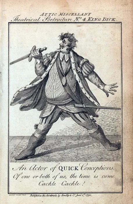 Framed Print : Humorous caricature of an actor portraying Richard III in Shakespeare's HENRY VI. The caption reads, An actor of quick conceptions. Of one or both of us, the time is come
