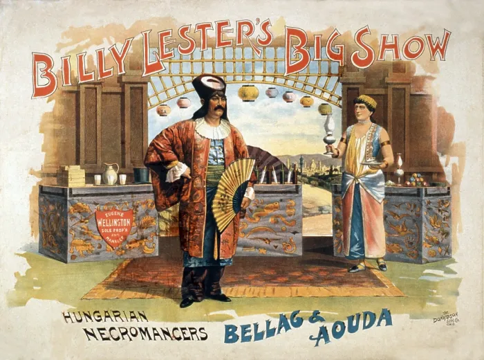 Framed Print : Hungarian necromancers, Bellac and Aouda are featured on a poster for Billy Lester's Big Show vaudeville. Necromancers performed sances, channeling, and spiritualism. Ca. 1895