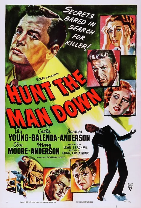 Framed Print : HUNT THE MAN DOWN, US poster, Gig Young (top left), right from top: Mary Anderson, Willard Parker, Lynne Roberts, James Anderson (bottom left), 1950