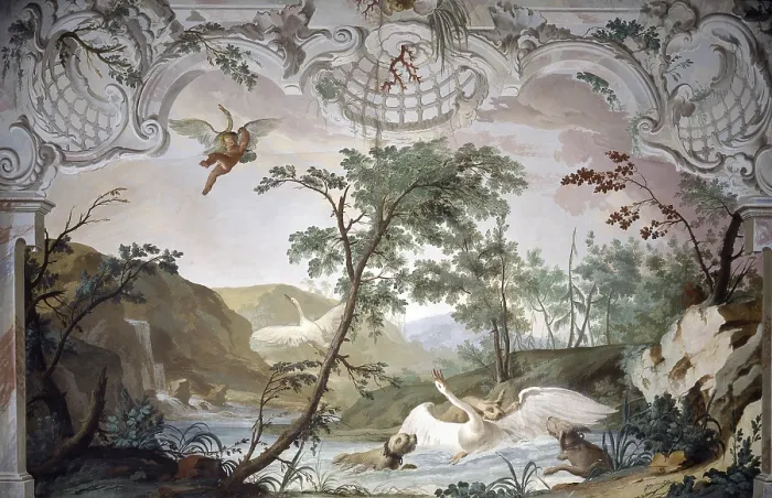 Framed Print : Hunt to the Swan (Caccia al cigno), by Andrea Urbani, 1773, 18th Century, fresco - Italy, Veneto, Padua, Noventa Padovana, Villa Grimani Vendramin Calergi. Whole artwork view Framed Print : Hunt to the Swan (Caccia al cigno), by Andrea Urbani, 1773, 18th Century, fresco - Italy, Veneto, Padua, Noventa Padovana, Villa Grimani Vendramin Calergi. Whole artwork view