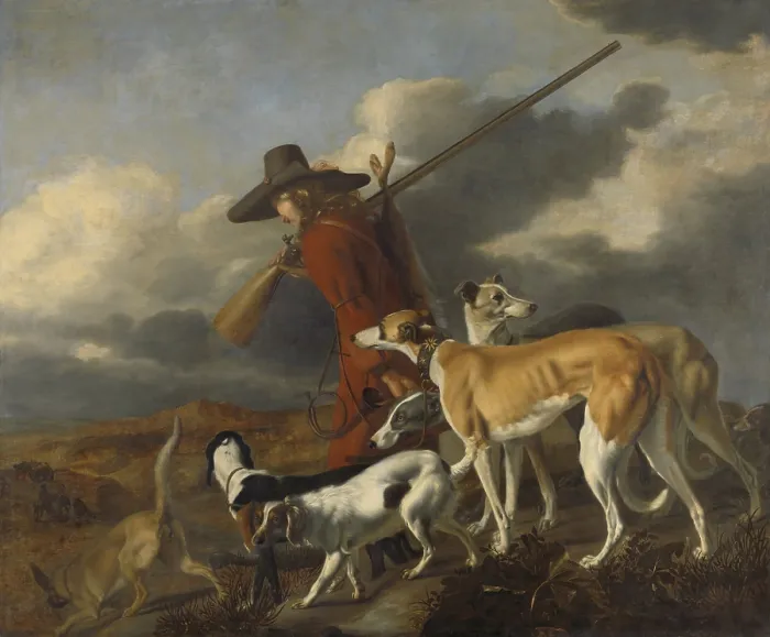 Framed Print : The Hunter, by Adriaen Beeldemaker, 1653, Dutch painting, oil on canvas. Returning hunter with his dogs and a dead hare tied to his rifle (BSLOC_2016_3_304)