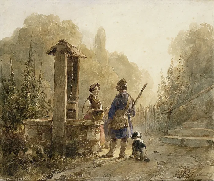 Framed Print : Hunter in Conversation with a Peasant Woman at a Well, by Andreas Schelfhout, Dutch watercolor painting (BSLOC_2016_2_173)