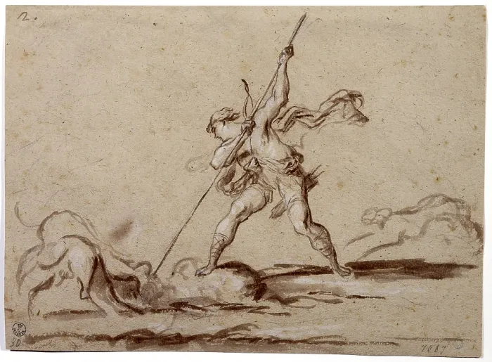 Framed Print : Hunter with Three Dogs, by Alessandro Magnasco said Lissandrino, 17th - 18th century, watercolor on brown paper, traces of red chalk, white highlights Framed Print : Hunter with Three Dogs, by Alessandro Magnasco said Lissandrino, 17th - 18th century, watercolor on brown paper, traces of red chalk, white highlights