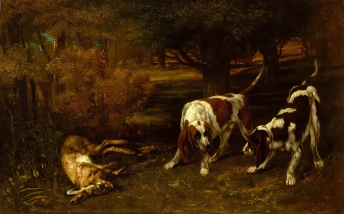 Framed Print : HUNTING DOGS WITH DEAD HARE, by Gustave Courbet, 1857, French painting, oil on canvas