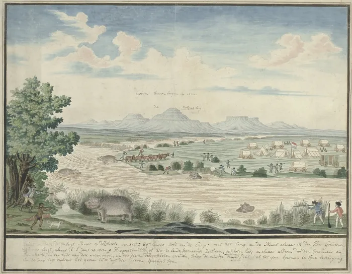 Framed Print : Hunting Hippos along the Plettenberg River, by Robert Jacob Gordon, 1777-86, Scottish drawing, watercolor, ink, on paper