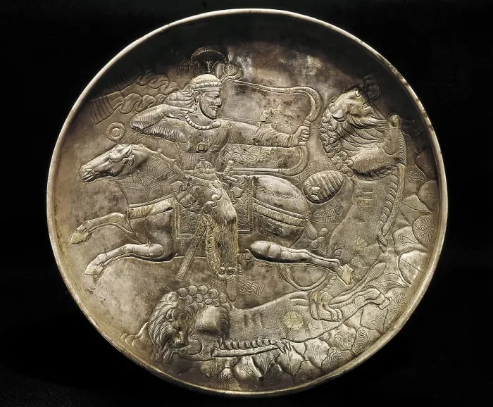 Framed Print : Hunting of the King. 226 - 652. Silver plate decorated with lion hunting scene. Persian art. Sasanian art. Jewelry. IRAN. Tehran. Archaeological Museum