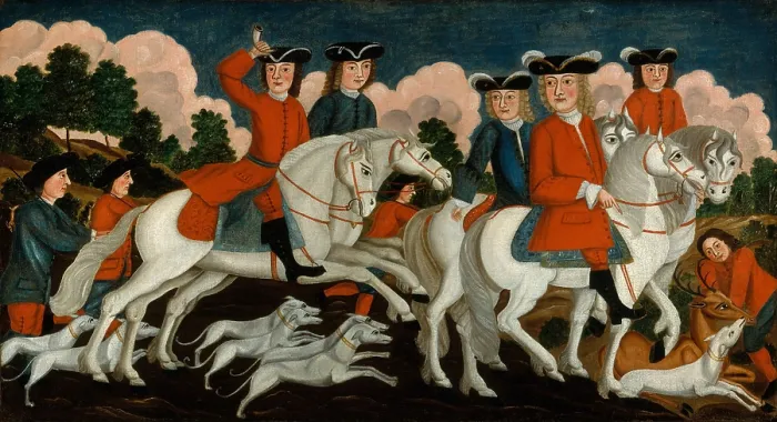 Framed Print : HUNTING PARTY- NEW JERSEY, 1750, unknown, American Colonial painting, oil on canvas. In English style riding habits, five riders and hounds take down a stag Framed Print : HUNTING PARTY- NEW JERSEY, 1750, unknown, American Colonial painting, oil on canvas. In English style riding habits, five riders and hounds take down a stag