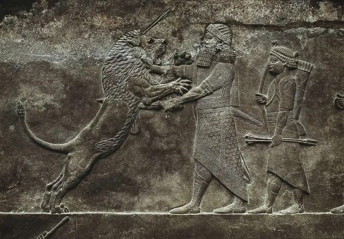 Framed Print : Hunting scenes of Ashurbanipal. Assyrian art. Relief on rock. UNITED KINGDOM. London. The British Museum. Proc: IRAQ. Kuyunjik. Nineveh. Palace of Ashurbanipal