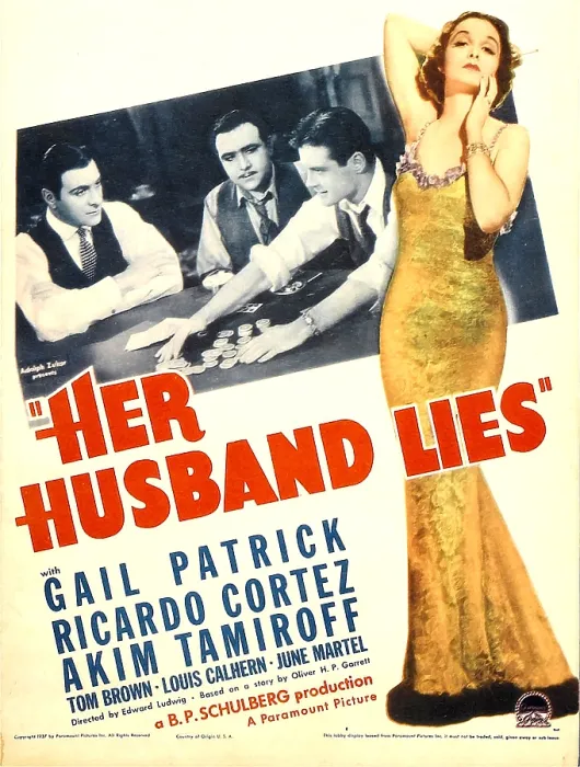 Framed Print : HER HUSBAND LIES, from left: Ricardo Cortez, Akim Tamiroff, Tom Brown, Gail Patrick on midget window card, 1937