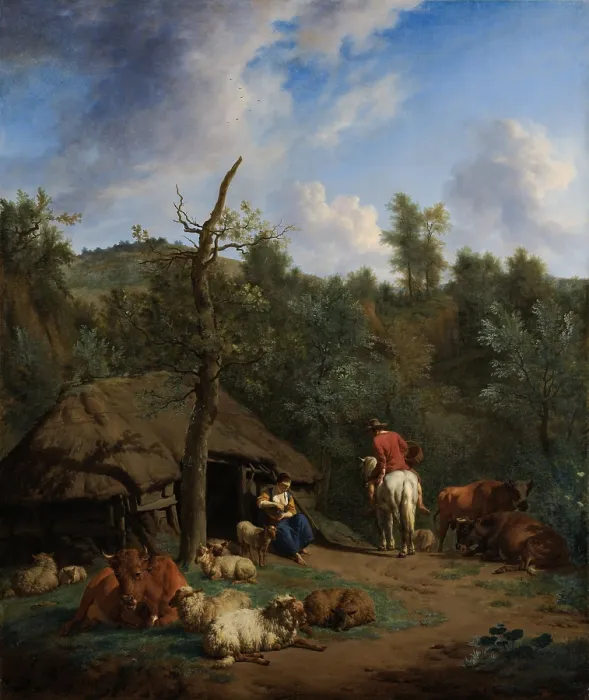 Framed Print : The Hut, by Adriaen van de Velde, 1671, Dutch painting, oil on canvas. Hilly Italian landscape with a barefoot young woman at the entrance to a shepherd's hut Framed Print : The Hut, by Adriaen van de Velde, 1671, Dutch painting, oil on canvas. Hilly Italian landscape with a barefoot young woman at the entrance to a shepherd's hut