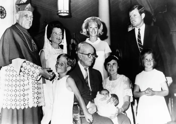 Framed Print : At Hyannis Port christening of Patrick Joseph Kennedy are (front) Richard Cardinal Cushing, Edward Kennedy, Jr. Joseph Kennedy, (holding baby), godmother Ann Gargan Framed Print : At Hyannis Port christening of Patrick Joseph Kennedy are (front) Richard Cardinal Cushing, Edward Kennedy, Jr. Joseph Kennedy, (holding baby), godmother Ann Gargan