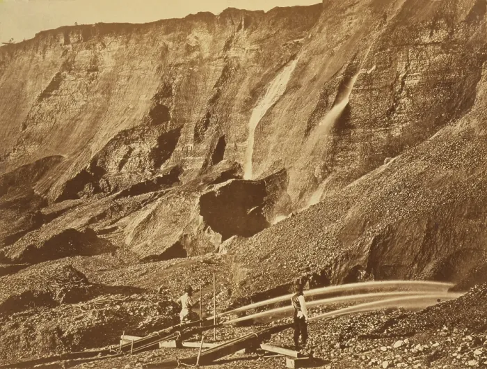 Framed Print : Hydraulic gold mining near Dutch Flat, California. Hydraulickers used jets of water to wash gold from mountains. 1868 photo by Andrew J. Russell Framed Print : Hydraulic gold mining near Dutch Flat, California. Hydraulickers used jets of water to wash gold from mountains. 1868 photo by Andrew J. Russell