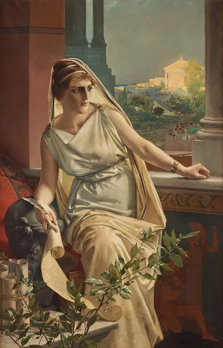 Framed Print : Hypatia, 1889, by Julius Kronberg, 1850-1921, Norwegian painting, oil on canvas. Posed leaning away from the window, Hapathia holds a quill and a scroll