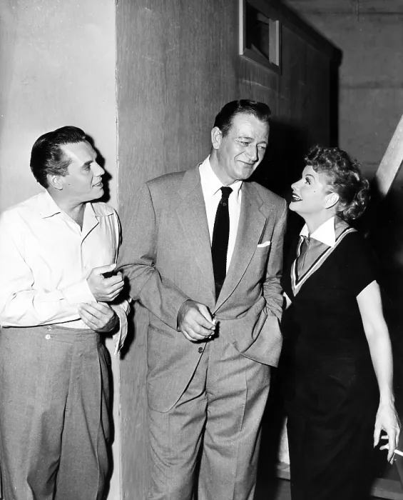 Framed Print : I LOVE LUCY, from left: Desi Arnaz, John Wayne, Lucille Ball, Lucy and John Wayne, on set, Season 5, ep. 2, aired 10 / 10 / 1955, 1951-57