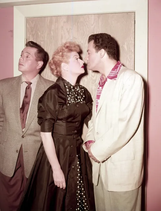 Framed Print : I LOVE LUCY, from left, Desi Arnaz, Lucille Ball, Cornel Wilde, The Star Upstairs, season 4, ep. 25, aired April 18, 1955