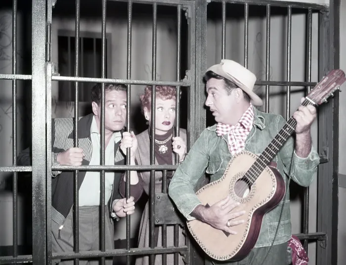 Framed Print : I LOVE LUCY, from left: Desi Arnaz, Lucille Ball, Tennessee Ernie Ford, Tennessee Bound, (Season 4, ep 414, aired January 24, 1955), 1951-1957