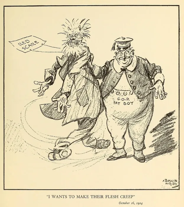 Framed Print : I WANTS TO MAKE THEIR FLESH CREEP. Political cartoon showing a G.O.P. Fatboy waving a threatening puppet representing the Red Scare