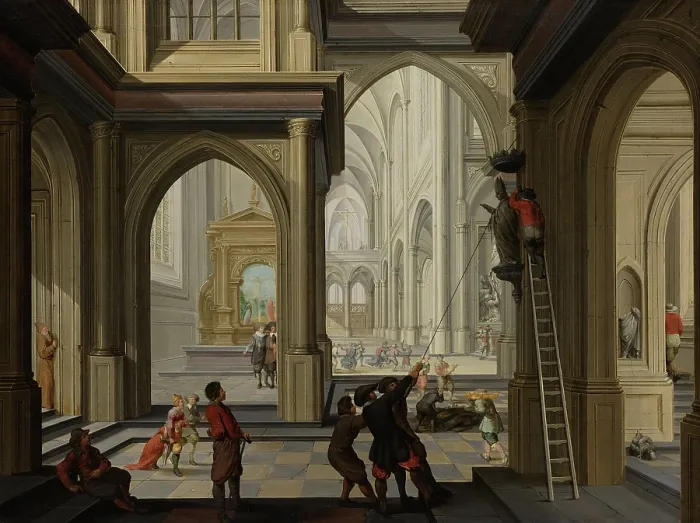 Framed Print : Iconoclasm in a Church, by Dirck van Delen, 1630, Dutch painting, oil on panel