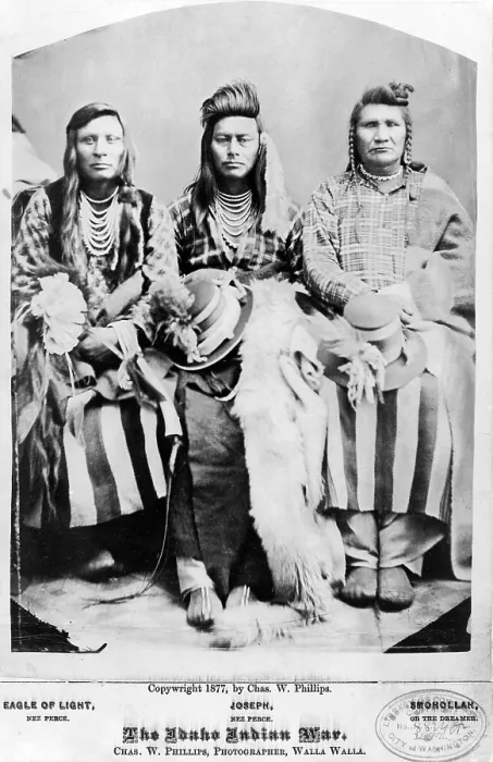 Framed Print : The Idaho Indian war. Eagle of Light, Nez Perce; Joseph, Nez Perce; and (Smohollah). Cabinet Card, 1877