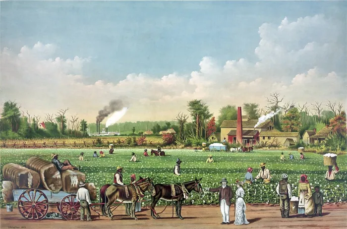 Framed Print : Idealized view of cotton plantation on the Mississippi River, with African American workers. Evocative of Southern antebellum era of pre-Civil War prosperity and slavery