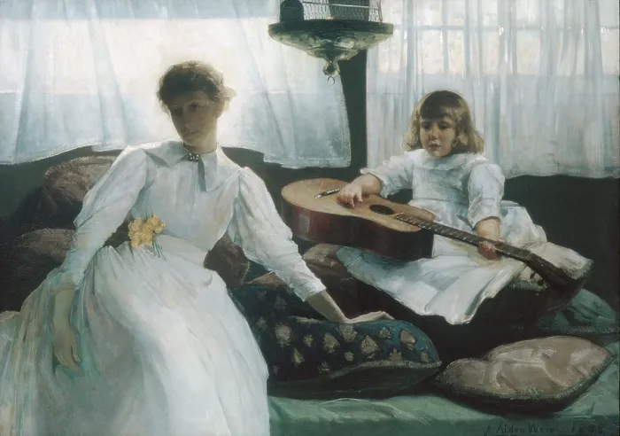 Framed Print : IDLE HOURS, by Julian Alden Weir, 1888, American painting, oil on canvas. The artist's wife, Anna, and their first child, Caroline, are seated in a large, sunny room Framed Print : IDLE HOURS, by Julian Alden Weir, 1888, American painting, oil on canvas. The artist's wife, Anna, and their first child, Caroline, are seated in a large, sunny room