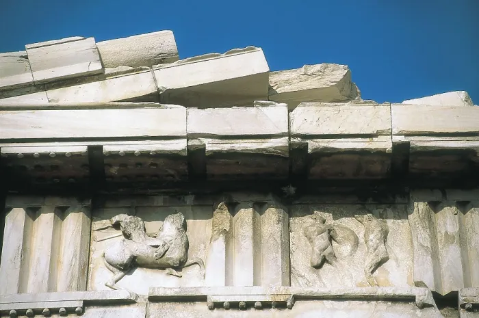 Framed Print : IKTINOS (5th C. BC); PHIDIAS (490 -431 BC); CALCRATES, (5th C. BC). Parthenon. GREECE. Athens. Acropolis. Parthenon. Detail of frieze and tympanum in Dorian style Framed Print : IKTINOS (5th C. BC); PHIDIAS (490 -431 BC); CALCRATES, (5th C. BC). Parthenon. GREECE. Athens. Acropolis. Parthenon. Detail of frieze and tympanum in Dorian style
