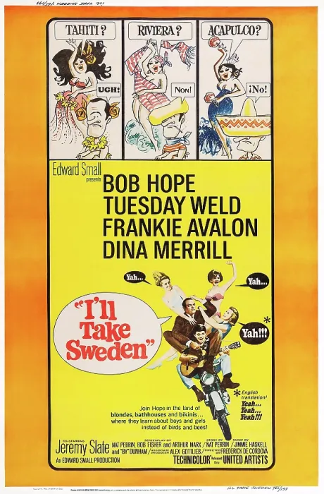 Framed Print : I'LL TAKE SWEDEN, bottom clockwise: Tuesday Weld, Rosemarie Frankland, Dina Merrill, Frankie Avalon, Bob Hope on poster art, 1965