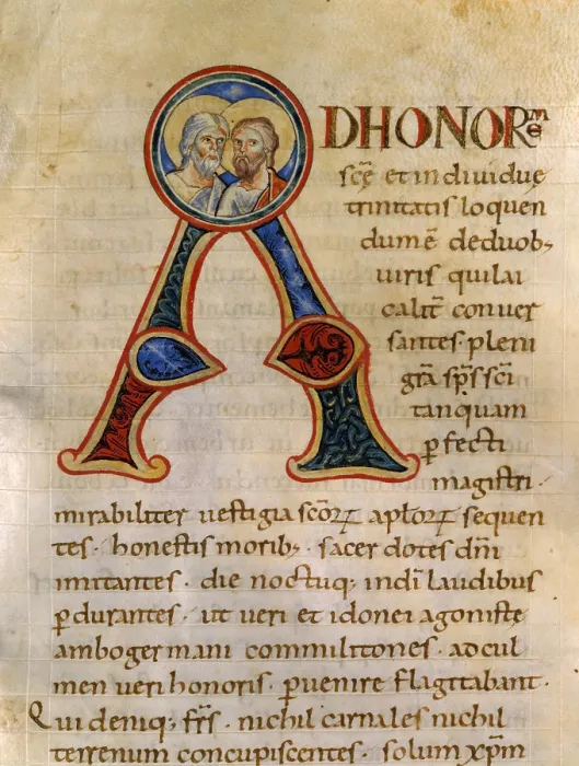 Framed Print : Illuminated Capital A with Heads of Saints. Passionario, ms. F, f.148r, by Unknown Artist, 12th Century, miniature - Italy, Tuscany, Lucca, Capitolare Feliniana Library. Detail