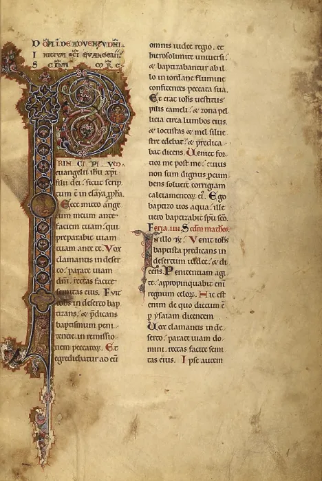 Framed Print : Illuminated Capital P. Evangeliario, ms. 11, f.1, 12th Century, miniature - Italy, Sicily, Messina, Seminary. Whole artwork view. Capital P decorated with vegetal patterns