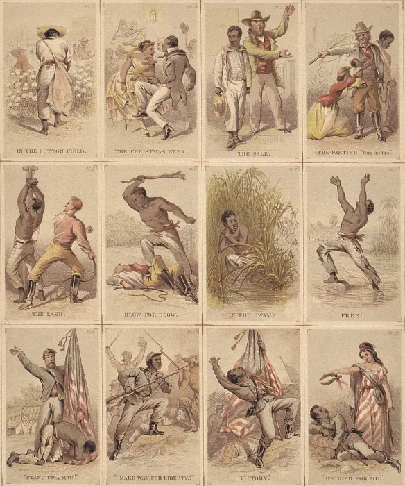 Framed Print : Twelve illustrated cards narrating the journey of a slave from plantation life to the struggle for liberty, for which he gives his life, as a Union soldier during the Civil War