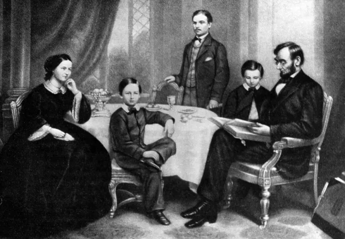 Framed Print : Illustration depicting Abraham Lincoln reading to his family, c. 1860s.. Courtesy: CSU Archives / Everett Collection Framed Print : Illustration depicting Abraham Lincoln reading to his family, c. 1860s.. Courtesy: CSU Archives / Everett Collection
