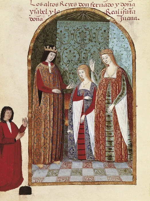 Framed Print : Illustration of the 'Devotionary of Joanna the Mad' by Pedro Marcuello. Representation of Joanna together with her fathers Isabel of Castile and Ferdinand of Aragon
