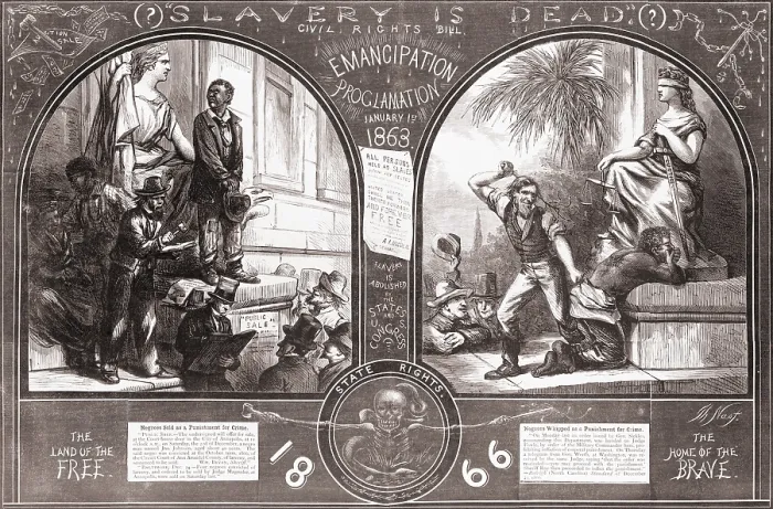Framed Print : Illustration at left shows a slave being sold for stealing during the US Civil War. At right, after the war, a freedman is whipped as punishment for crime in 1866