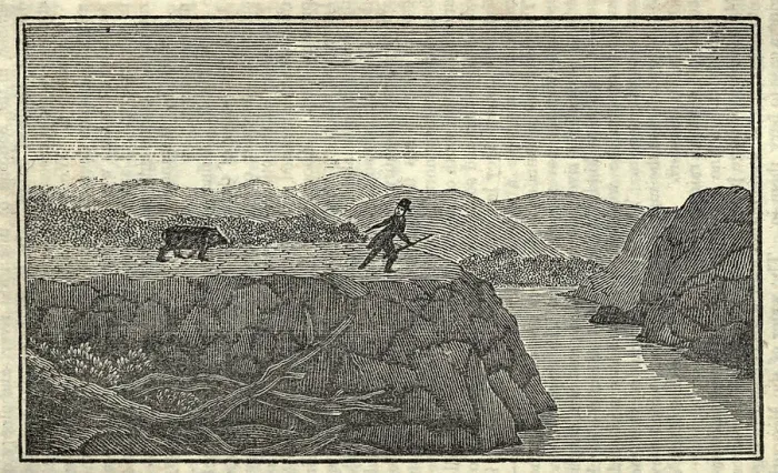 Framed Print : Illustration of Lewis and Clark's expedition from 1803-6. Man chased by a bear