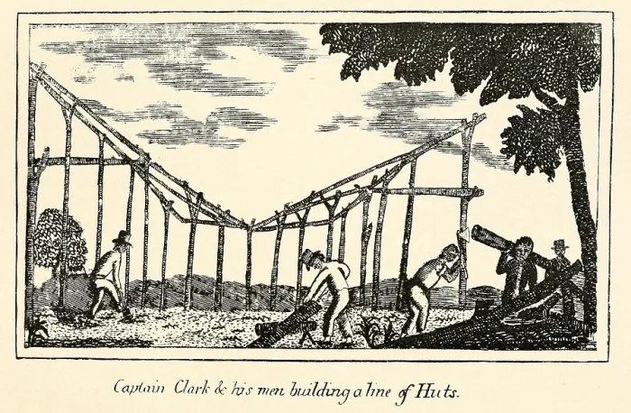 Framed Print : Illustration from Lewis and Clark's journal of the Corps of Discovery from 1803-6. Captain Clark and his men building line of huts Framed Print : Illustration from Lewis and Clark's journal of the Corps of Discovery from 1803-6. Captain Clark and his men building line of huts