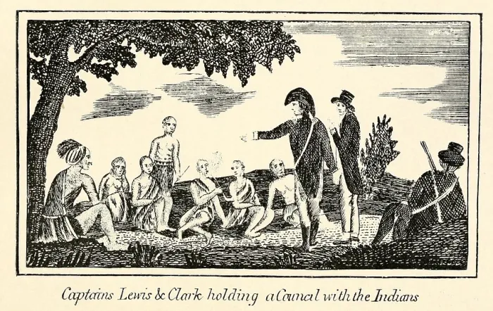 Framed Print : Illustration from Lewis and Clark's journal of the Corps of Discovery from 1803-6. Captains Lewis and Clark holding a Council with the Indians Framed Print : Illustration from Lewis and Clark's journal of the Corps of Discovery from 1803-6. Captains Lewis and Clark holding a Council with the Indians