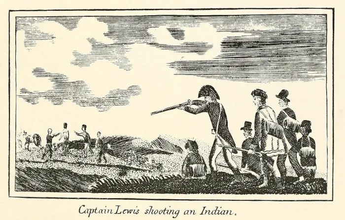Framed Print : Illustration from Lewis and Clark's journal of the Corps of Discovery from 1803-6. Captain Lewis shooting an Indian