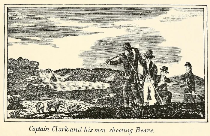 Framed Print : Illustration from Lewis and Clark's journal of the Corps of Discovery from 1803-6. Captain Clark and his men shooting bears