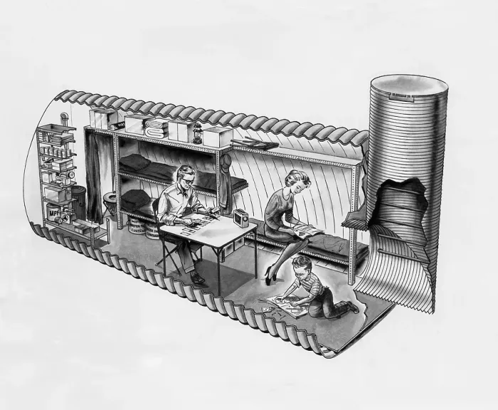 Framed Print : An illustration of prefab fallout shelters, designed to be placed beneath a covering of earth, 1962.. Courtesy: CSU Archives  /  Everett Collection