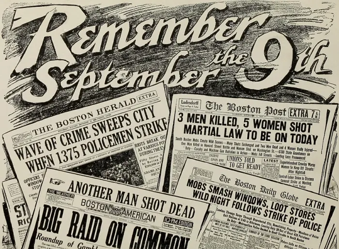 Framed Print : Illustration: REMEMBER SEPTEMBER THE 9TH. Boston Newspapers headlines at the violent beginning of the Boston Police Strike in 1919 Framed Print : Illustration: REMEMBER SEPTEMBER THE 9TH. Boston Newspapers headlines at the violent beginning of the Boston Police Strike in 1919