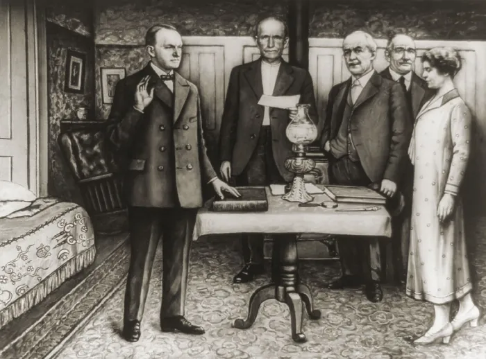 Framed Print : Illustration of the swearing in of President Calvin Coolidge on August 3, 1923. In the early morning, following the death of President Warren G Framed Print : Illustration of the swearing in of President Calvin Coolidge on August 3, 1923. In the early morning, following the death of President Warren G