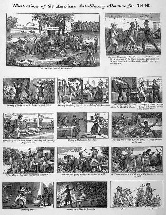 Framed Print : Illustrations of the Antislavery Almanac for 1840, show slaves at labor, abused, pursued by slave catchers, at auction, and free Blacks subjected to discrimination