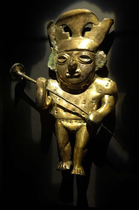 Framed Print : Image in golden copper depicting a lord with a combat weapon (3rd c. AD). Moche or Mochica Art. PERU. Sipn. Royal Tombs of Sipn Museum. AISA / Everett Collection**US SALES ONLY**