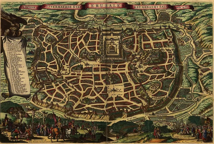 Framed Print : Imagined map from 1650, depicting Jerusalem as it existed in the Roman era. Lower section shows Christ's crucifixion and the crowning of King Solomon