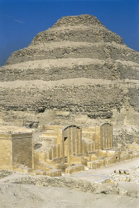 Framed Print : IMHOTEP (ca. 2667 BC-2648 BC). The step pyramid of Djoser. 2668 -2649 BC. EGYPT. CAIRO. Saqqara. Pyramid of Djoser. Djoser's step pyramid and funerary complex. Egyptian art