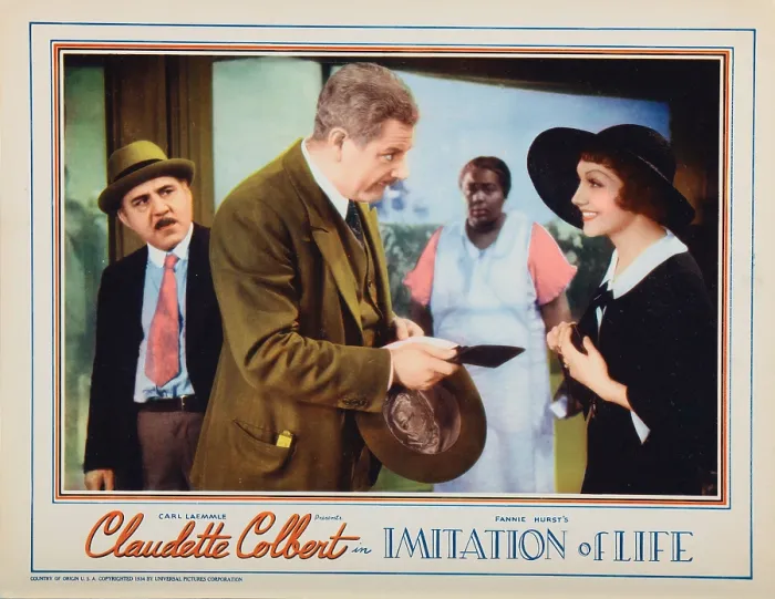 Framed Print : IMITATION OF LIFE, lobbycard, from left: Henry Armetta, Alan Hale, Louise Beavers, Claudette Colbert, 1934