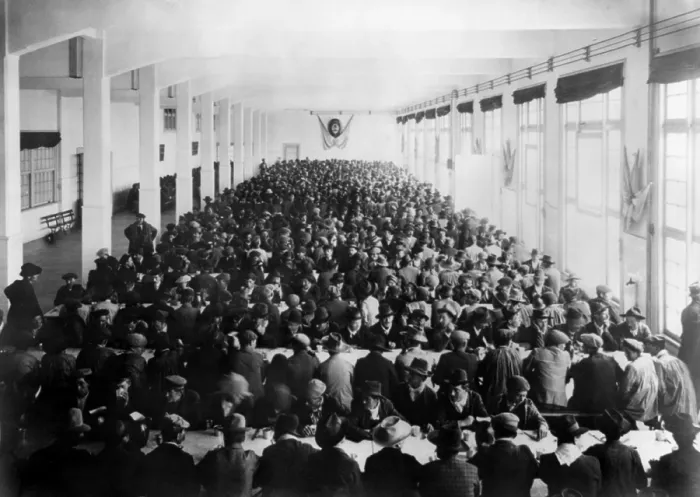 Framed Print : Immigrant men from many European nations at the tables crowded in the dining room of the Immigrant Hotel, Buenos Aires, Argentina. Ca. 1910