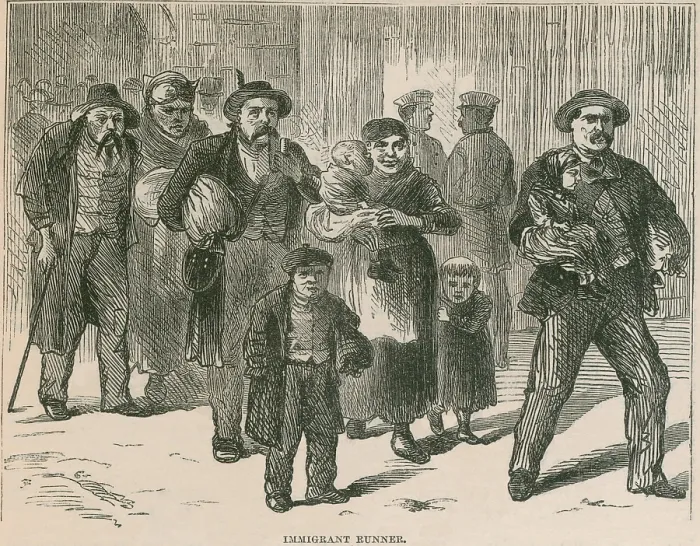 Framed Print : An immigrant runner carrying the child of a newly arrived immigrant family. Runner met newcomers to promote a specific boarding house, employer, or transportation